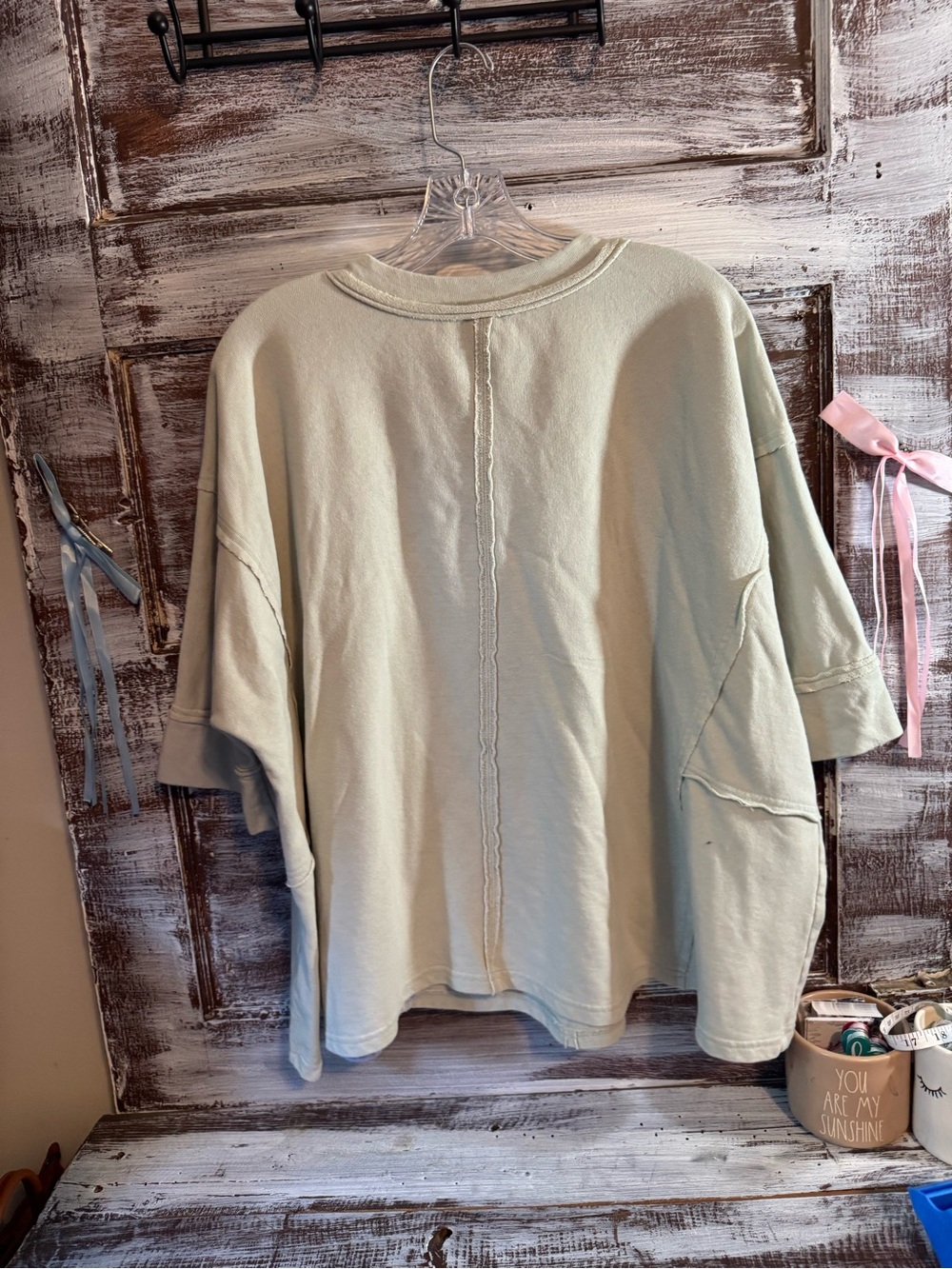 Easel Oversized Cream V-Neck Sweatshirt with Multicolor Floral Sleeve Panels - Picture 6 of 8